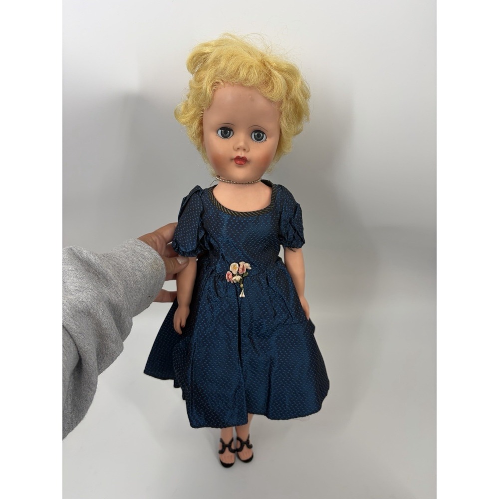 Vintage Rubber Doll Blonde Sleep Eyes Blue Dress Pearl Necklace